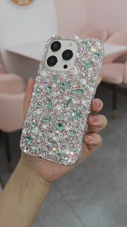 Handgemachte iPhone Hülle Luxus Bling Strass Perle und grüne Kristalle