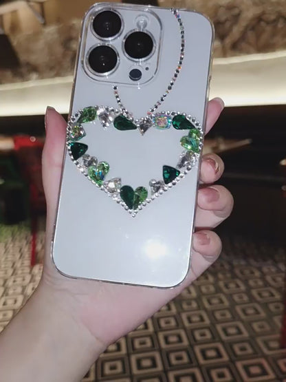 Handmade Minimalist Green Crystal Bling Heart For iPhone Case