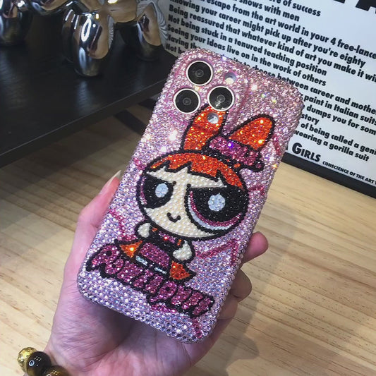 Funda de iPhone Artesanal Lujo Brillo Rosa Diamantes de Imitación Chicas Superpoderosas Blossom
