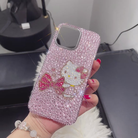 Funda para iPhone de Hello Kitty con lazo, preciosa, brillante, con diamantes de imitación rosas