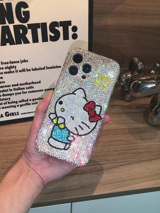 Funda de iPhone hecha a mano de lujo con brillos de estrás AB, linda Hello Kitty, cubierta trasera