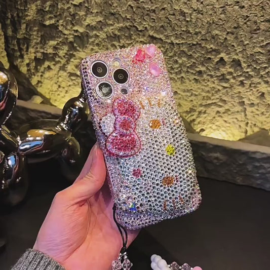Funda para iPhone Samsung con Hello Kitty 3D, preciosa, brillante, con diamantes de imitación rosas