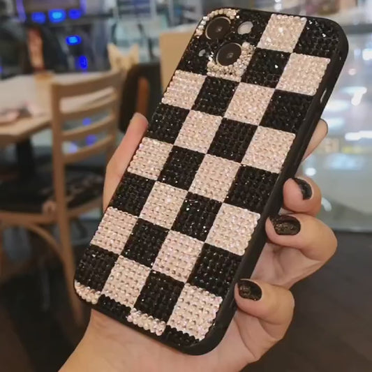 Funda de iPhone hecha a mano de lujo con diamantes de imitación, diseño a cuadros en blanco y negro