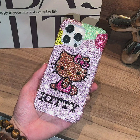 Funda hecha a mano para iPhone de lujo con pedrería púrpura brillante y diseño de Hello Kitty