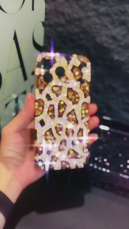 Funda de iPhone Hecha a Mano de Lujo Brillante con Diamantes de Imitación, Diseño de Leopardo Marrón