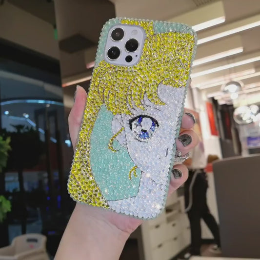 Funda de iPhone hecha a mano de lujo con brillos, ópalos, diamantes de imitación de Sailor Moon