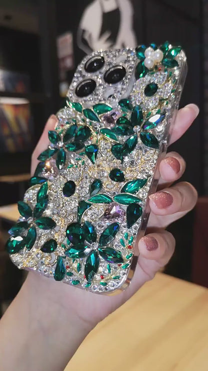Handgemachte iPhone Hülle Luxus Bling Strass &amp; Smaragd Stein mit Blumen