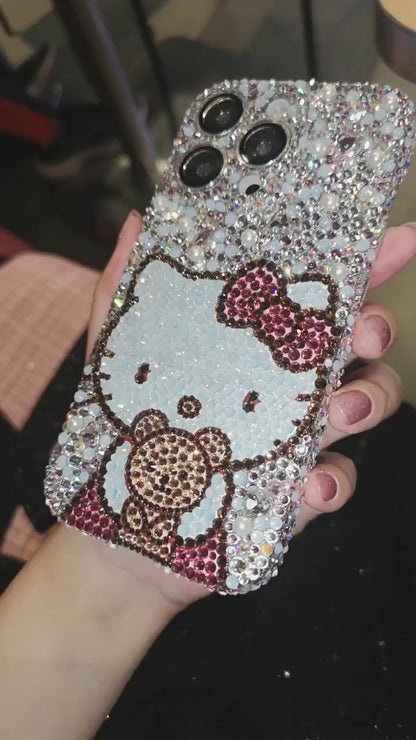 Handgemachte iPhone Hülle Luxus Bling Strass mit Perlen Hello Kitty Hülle