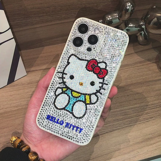 Funda de iPhone hecha a mano de lujo con diamantes de imitación Hello Kitty para la parte trasera