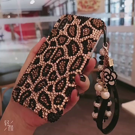 Funda de iPhone Hecha a Mano de Lujo Brillante con Diamantes de Imitación, Diseño de Leopardo Marrón