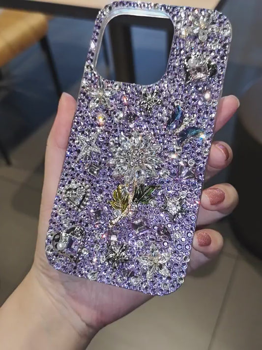Funda de lujo hecha a mano para iPhone con diamantes de imitación morados y parte trasera de flor