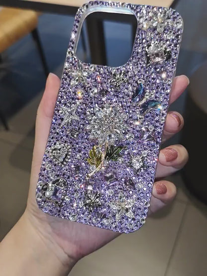 Handmade iPhone Case Luxury Bling Purple Rhinestone with Flower Back Case