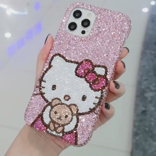 Funda de iPhone hecha a mano de lujo con brillos, diamantes de imitación y diseño de Hello Kitty
