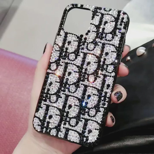 Funda trasera hecha a mano de lujo con diamantes de imitación de patrón de monograma para iPhone